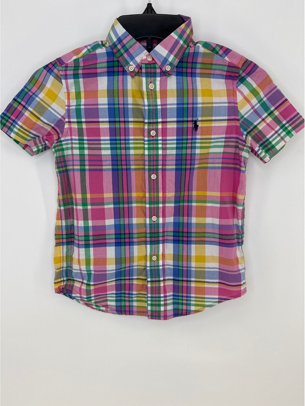 Ralph Lauren Boys Size 7 Madras Plaid Shirt Short Sleeve Natural Stretch Pony